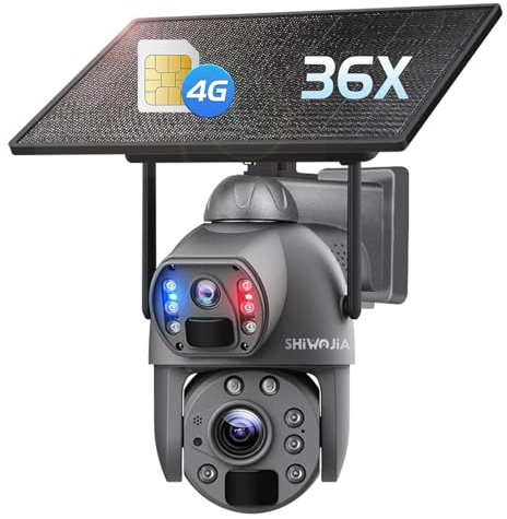 SHIWOJIA 36X Zoom Surveillance Camera 4G Outdoor, 6MP 360° PTZ Solar Outdoor Camera with Dual Lens, 150 m Night Vision, Double PIR Smart Detection, Two-Way Audio, Metal Housing