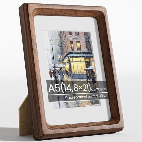 Feihorrm A5 Bilderrahmen, Natürliches Walnussholz Fotorahmen mit Glas | Handgefertigte A5 15x21cm Holzrahmen oder 9,5x13,8 cm-Fotos mit Passepartout, Wand oder Tisch für Bild Anzeige, Familienbild