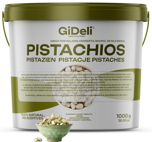 GiDeli Pistazien geröstet und gesalzen 1 kg im Eimer mit Schale herzhafter Snack ideal für Aperitifs und Partys