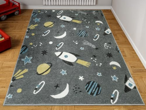AKCILA Lima Kinderteppich 200x300 cm, Kinderzimmer Kurzflor Teppiche | Kinderteppich Mädchen, Jungen, Kids Carpet, Rakete, Planeten, Wohnzimmer Teppich