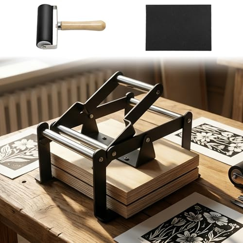 A4 Linocut Printing Hand Lever Press Machine, Linocut Press Machine, 4 PCS | With Rubber Roller & 2 Felt Pad, Fit for linocut printing, woodcut printing, letterpress, rubber, cardboard, cork printing