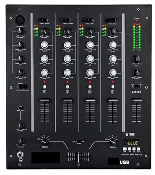 DJ-Controller, USB-4-Kanal-DJ-Mixer mit eingebautem -Interface, 3-Band-EQ, Mikrofoneingang und austauschbarem Crossfader for die DJ-Bühne