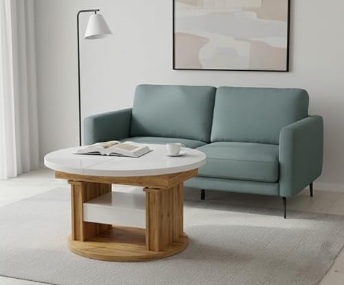 DA-999 Couchtisch rund Weiß Hochglanz / Eiche Gold ausziehbar höhenverstellbar Schublade modern runder Wohnzimmertisch Esstisch Beistelltisch Sofatisch oval platzsparend hochwertig Wohnzimmer