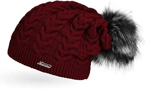 Neverless Coole Damen Strickmütze Strick-Beanie gefüttert mit Fell-Bommel, Winter-Mütze, Bommelmütze, Bordeaux Unisize