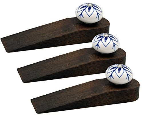 Nicola Spring Butoirs de Portes en Bois - Vintage Intèrieur Cuisine Chambre Doorstop Wedge - 16cm - Navy Flower - Lot de 3