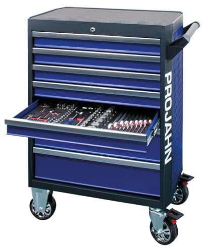 Projahn Werkstattwagen GALAXY mit 379-teiliger Bestückung, Werkstattwagenaufsatz, Dosenhalter und Papierrollenhalter, Werkzeugwagen, 7 Schubladen, Werkstattschrank mit Rollen, Blau/Anthrazit 5501-581