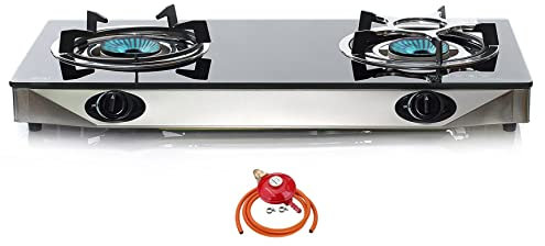 NJ NGB-S2 Indoor Gas Stove 2 burners Hob Black Glass Cooker 6.8kW with Regulator Set (Propane 37mbar Screw-on)