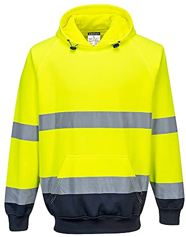 Portwest B316 Zweifarbiges Kapuzen-Sweatshirt Gerippte Strickbündchen Bahn | Gelb/Marine, XL, EN ISO 20471 Klasse 3, UPF 40+, Reflektierend Kängurutasche, Angeraute Innenseite, Reflektierendes Band