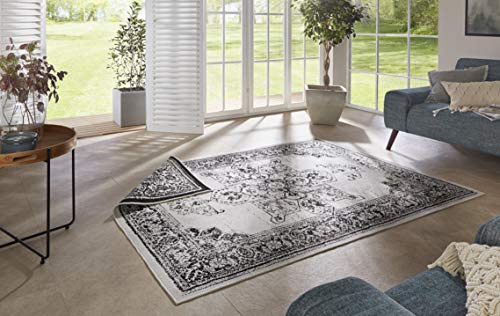 NORTHRUGS In- und Outdoor Teppich Borbon 200x290cm - Wendeteppich Wetterfest Orientalisches Vintage Design Läufer für Balkon Terrasse Garten Wintergarten Wohnzimmerteppich Wasserfest in Schwarz Creme