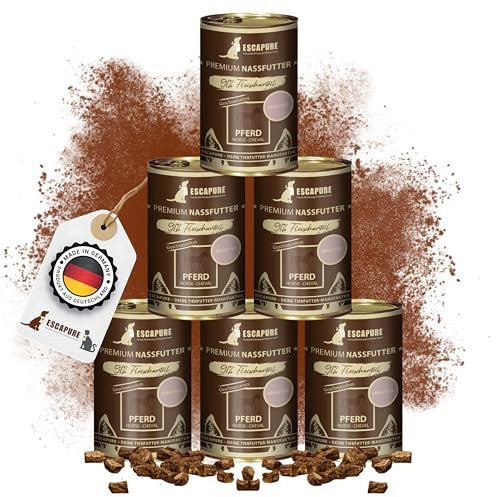 Escapure Adult Nassfutter Pferd 6 x 400g Dose - 91% Pferdefleisch Hundefutter - Dosenfutter Horse ohne Zusatzstoffe - Alleinfuttermittel für ausgewachsene Hunde frei von Getreide
