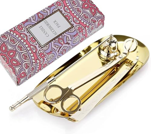 VISIKOM Kerzendocht Trimmer Set 4 in 1 Kerzen Zubehör Set mit Tablett Gold Kerzenlöscher Set Kerzenlöscher Kerzendocht Cutter Kerzendocht Dipper Geschenk für Kerzenliebhaber Geschenke für Frauen