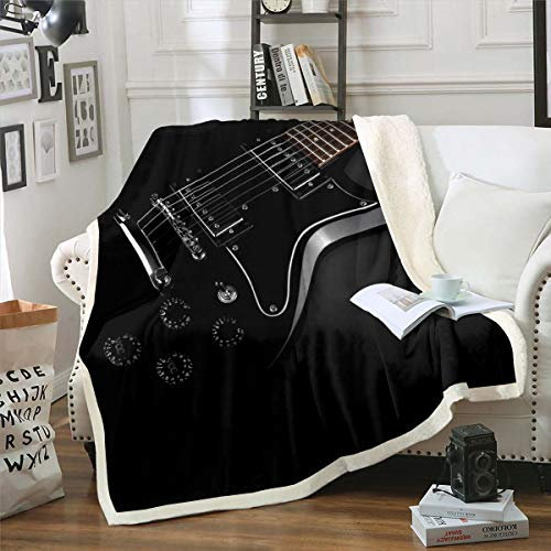 Tbrand Musik Gitarre Decke 150x200cm Schwarz Moderne Gitarre Dekor Wohndecke für Kinder Rock Musikinstrumente Kuscheldecke Popstar Party Weich für Sofa
