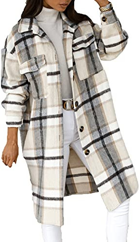 WHZXYDN Automne Et Hiver Nouveau Style à Manches Longues Bouton Revers DéContracté Chaud à Carreaux Long Manteau De Laine