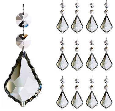 12 piezas de cristal de hoja de arce, piezas colgantes de prisma de prisma de 63 mm, cuentas de cristales colgantes para lámpara de araña decoración de boda transparente