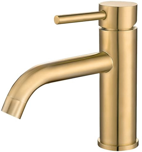 VALAZ Grifo Lavabo Dorado Cepillado Protección PVD | Grifo Monomando Lavabo, Mezclador Agua Fría y Caliente, Ahorro de Agua | Instalación Facil, Latón, Inoxidable, Oro Mate, Caño Curvo, Serie Jabalon