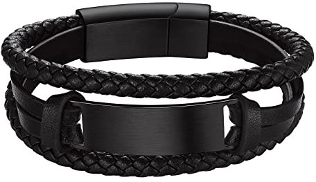 FOCALOOK Armband Edelstahl-Magnetverschluss Lederarmband für Herren, Armspange zum Geburtstag/Valentinstag/Weihnachten, hautfreundliches Herrenarmband in Schwarz, Länge 19CM