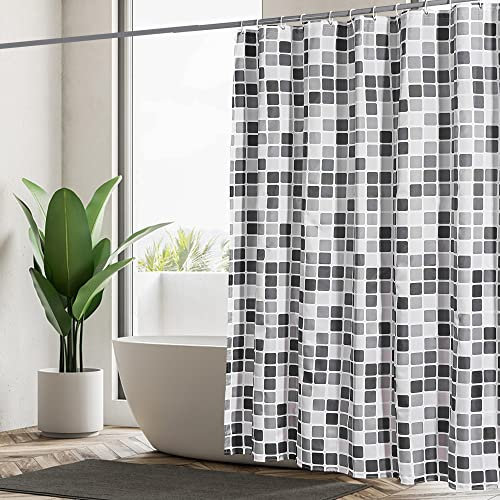 GERUIKE Tenda Doccia Antimuffa 180x200, Tenda per Doccia con Anelli, Poliestere Tende Doccia con Pesi, Tenda Vasca da Bagno Tessuto Lavabile, Impermeabile e Facile da Pulire,Mosaico Nero Grigio Bianco