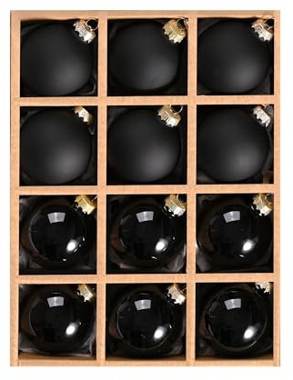 WDS WONDROUS 12 palline di vetro nero lucido e opaco, palline da appendere per la decorazione dell'albero di Natale, 6 cm, ornamenti decorativi per feste e Halloween