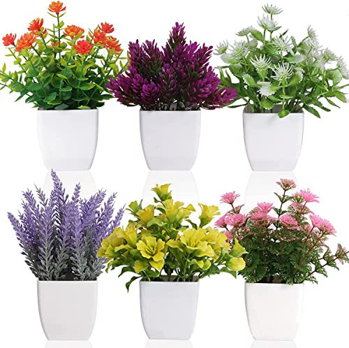 Rxinlucky Artificial Plants in Pots - 6 Pack Mini Faux Flowers with Realistic Greenery, Plastic Potted Plants for Home Office Desk Decor, Table Centerpiece(6pcs Flower)