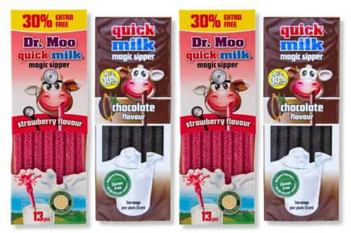 Quick Milk Magic Sipper Straws Pack of 4 - Chocolate x 2 and Strawberry Milk Straws x 2 | 13 each pack | 52 Quick Milk Straws in total by The Great British Kitchen