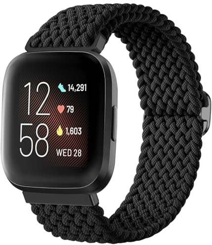 Oielai Geflochtenes Schlaufenarmband, kompatibel mit Fitbit Versa 2 Armband/Fitbit Versa Armband, Elastisches Sportarmband für Fitbit Versa 2 / Versa/Versa Lite für Damen und Herren, Schwarz