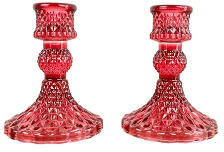 Set of 2 x 10.5cm Bright Pink Coloured Glass Candle Holders Vintage Small Dinner Tapered Stick Wedding Table Decorations Boho Vintage Interior Eclectic Home Decor