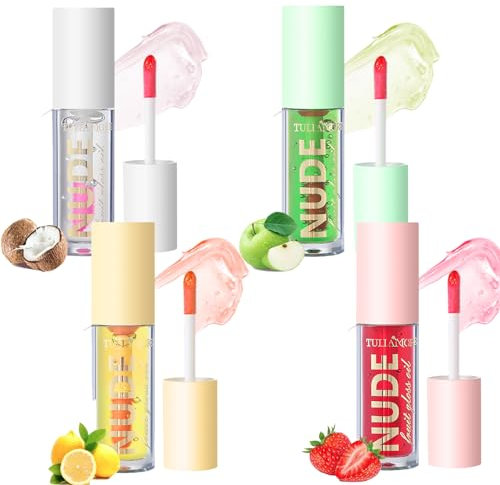 EnMart 4 Stück Erdbeer Lippenöl, Glänzender Lipgloss, Natürlich, Feuchtigkeitsspendend, Aufhellendes, Temperatur, Farbwechsel, Lippenglasur, Lippenhonig, Verdünnende Lippenlinien, Gelee-Lippenstift