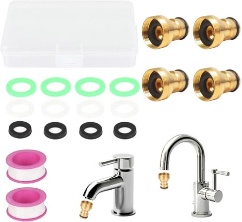 TAIHOBO 4 Stück Schlauchanschluss Wasserhahn Adapter Gartenschlauch aus Messing, Universal Adapter Wasserhahn Gartenschlauch mit 12 Dichtungsringe, Hahnverbinder 3/4 Zoll und 1/2 Zoll für Küche Garten