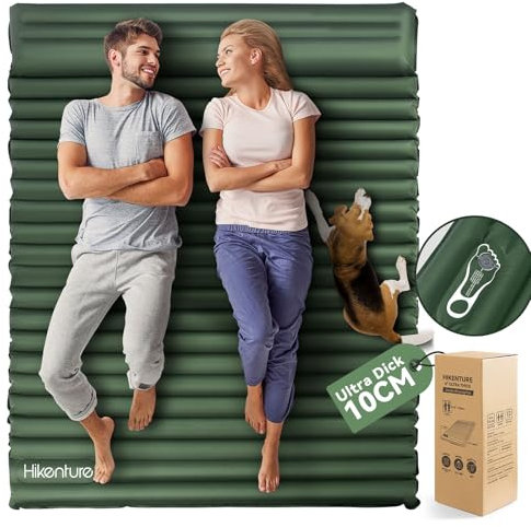 HIKENTURE Camping Matratze für 2 Personen mit Kissen, 10cm Doppel Isomatte Aufblasbar, Selbstaufblasende Camping Schlafmatte 140x200cm mit Fußpumpe, für Camping, Outdoor, Wandern, Strand, Grün