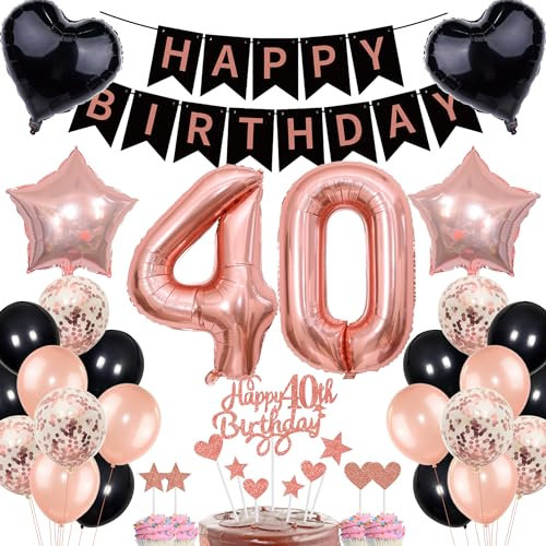 40th Birthday Decorations for Women - Rose Gold Black Cake Topper Set With Banner and Gift