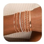 ADRAMATA 7 Pezzi Braccialetti a Catena per Donna Braccialetti Acciaio Inossidabile Figaro Braccialetti con Ciondoli a Maglia Regolabili CZ Oro Argento Bracciali per Donna Ragazze (Oro Rosa)