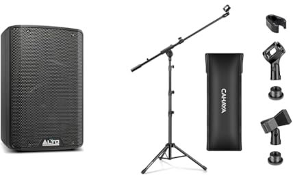 ALTO Professional TX308 - Altavoz autoamplificado de 350 W con woofer de 8 para DJ y músicos & CAHAYA Soporte de Micrófono con Brazo con Dos Pinzas para Microfonos Pie de Micrófono Plegable