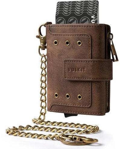 VULKIT Mens Minimalist Wallet with Chain, Aluminum POP UP Card Case RFID Protected, ID Window, Zipper Pocket for Coins and Compartment for Bills/Banknotes, Coffee Brown