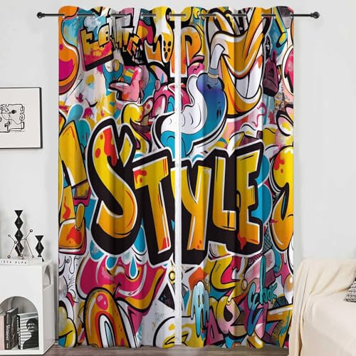 CozyRest Vorhang Blickdicht Thermovorhang Hippie-Graffiti-Hip-Hop-Stil Muster Gardinen Wohnzimmer Vorhänge Geräuschreduzierung Dekoration für Schlafzimmer Wohnzimmer Fenster Straßenkunst 160 x 70 cm