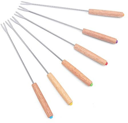 Uadme ostfonduegaffel rostfritt stål fonduegafflar, 6 st multifunktionella trähandtag fonduegaffel för frukt choklad ost, 20 cm lång