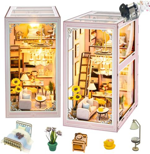 DIY Puppenhaus Booknook Bücherregal Einsatz 3D Holzpuzzle Buchstütze für Buch/Zimmer Dekor, Miniatur Modell Haus mit LED Licht Book Nook Kits für Geburtstag Valentinstag Geschenke