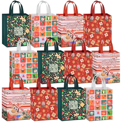 AhfuLife 12 Stück Geschenktüten Weihnachten, 21 * 26 * 12cm Non Woven Weihnachtstaschen Weihnachtstüten Geschenktaschen mit Griffen, Wiederverwendbare Weihnachtsgeschenktüten, Weihnachts Geschenktüten