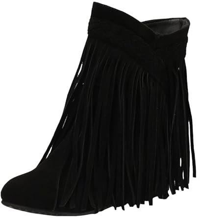 Stivaletti da donna con zeppa bassa nascosta con nappa, in pelle scamosciata, vintage, punta chiusa, alla caviglia, con frange, casual, senza lacci, stivali da equitazione corti, nero, 36 EU