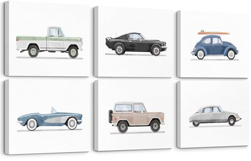 Leinwandposter mit Vintage-Autos, 6 Stück, für Jungen und Kleinkinder, Kinderzimmer, 20,3 x 25,4 cm, gerahmt