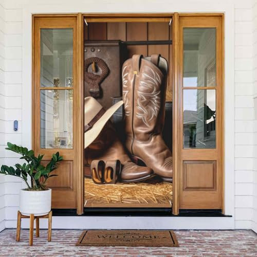 Cowboy schwarzer Hut Westernstiefel bedrucktes Türbanner Stoff hängende Türabdeckung Hintergrund Poster für Zuhause Haustür Urlaub Party Dekorationen