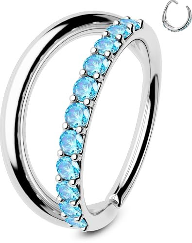 OUFER 20G Nostril Piercing Ring Blau CZ Piercing Nase 8 mm Knorpel Ohrpiercing 316L-Edelstahl Nasenpiercing Ring Seamless Open Nose Hoop Ring Double Line