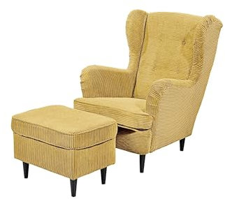 möbelando Ohrensessel >Oskar< Set mit Hocker in Senfgelb ? Bequemer Sessel mit Nosag-Federung, schwarzem Massivholz, geknöpfter Polsterung und einfachem Aufbau für Ihr Zuhause.