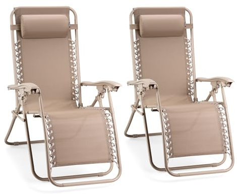 VonHaus Zero Gravity Chairs Set of 2 - Reclining Sun Loungers for Garden - Textilene Folding Sunloungers with Detachable Headrest - Fold Away 2 Set Deck Chairs for Outdoor, Patio (Taupe)
