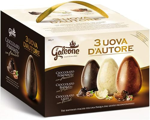 Galeone Uova di Pasqua D'autore, Set da 3 Cioccolato Fondente con Mandorle, Bianco con Pistacchi, Latte con Nocciole, 540g