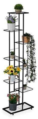 Relaxdays Estantería para Plantas, 8 Baldas para hasta 9 Macetas y Maceteros, Metal, Escalera Flores, 142x45x22cm, Negro, Acero