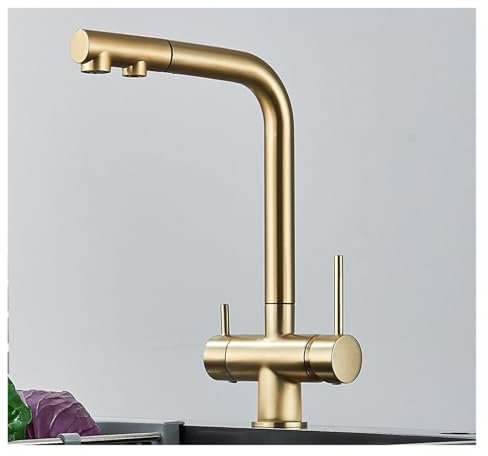 Rubinetto miscelatore caldo e freddo 2 in 1 in ottone da cucina con filtro flessibile estraibile(Gold)
