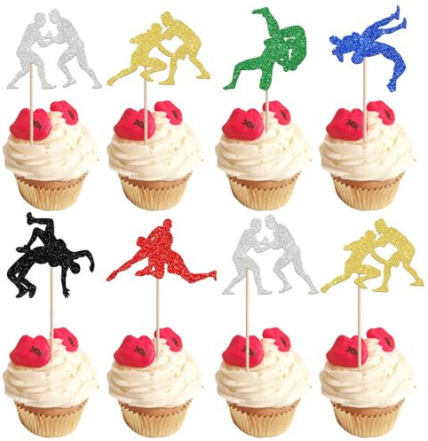 24 Stück Wrestling Cupcake Toppers Glitzer Mann Wrestler Geburtstag Tortendeko für Wrestling Sport Wettbewerb Thema Geburtstag Party Cupcake Dekorationen Buntes