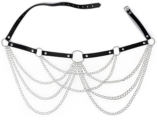 MUNSKT Punk Cuir Taille Chaîne Gothique Noir En Cuir Corps Chaînes Ceinture Chaine Rave Discothèque Chaîne de Ventre Bijoux pour Femmes et Filles
