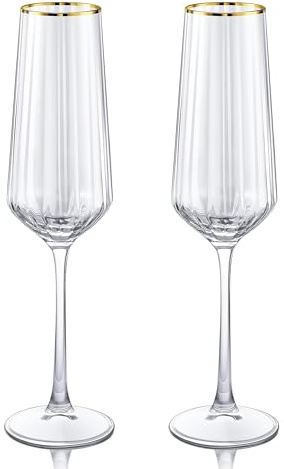 Joeyan 270ml Flute da Champagne Eleganti in Vetro con Bordo D'oro,Set di 2 Bicchieri Spumante a Strisce,Cristallo Calici Natalizi,Calici Vino per Feste,Matrimoni,Compleanni,Lavabile in lavastoviglie