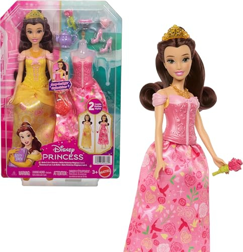 Mattel Disney Princess Toys, Belle Fashion Doll with 2 Looks, 9 Accessories, 2 Snap-In Bodices and 2 Skirts, 2-in-1 Stories Inspired by the Movie